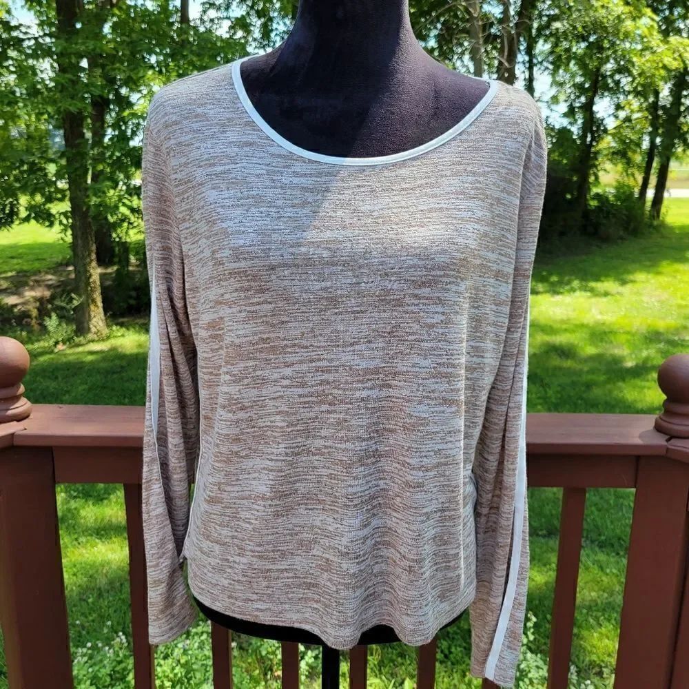 Shein Tan Space Dye Long Sleeves Round Neck Cotton-Blend Pullover Top Size L